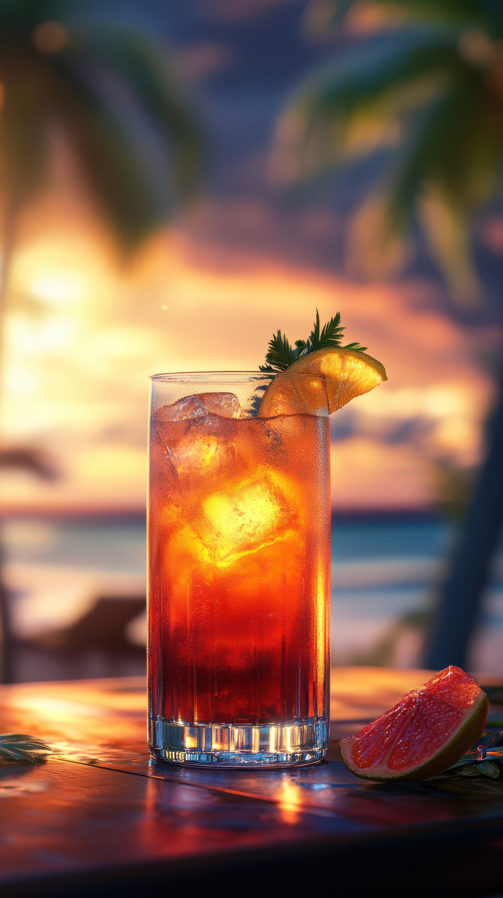 Sunset cocktail on a beachside table with fresh fruit garnishes and vibrant colors in the background